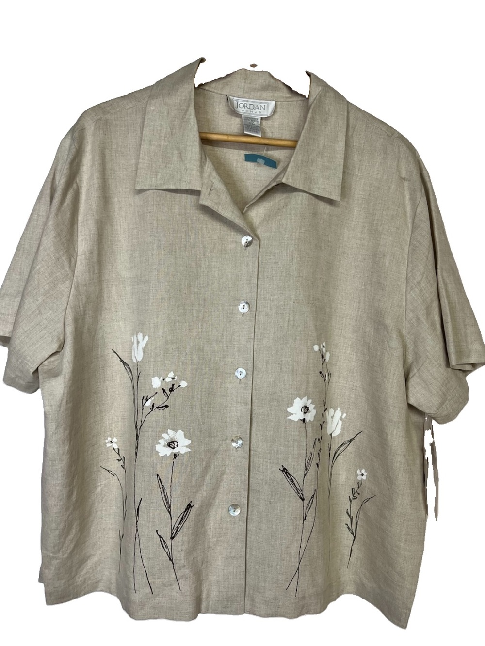 NWT Jordan Woman Vintage Linen Cotton Floral Button Up Shirt Top Plus Size 2X